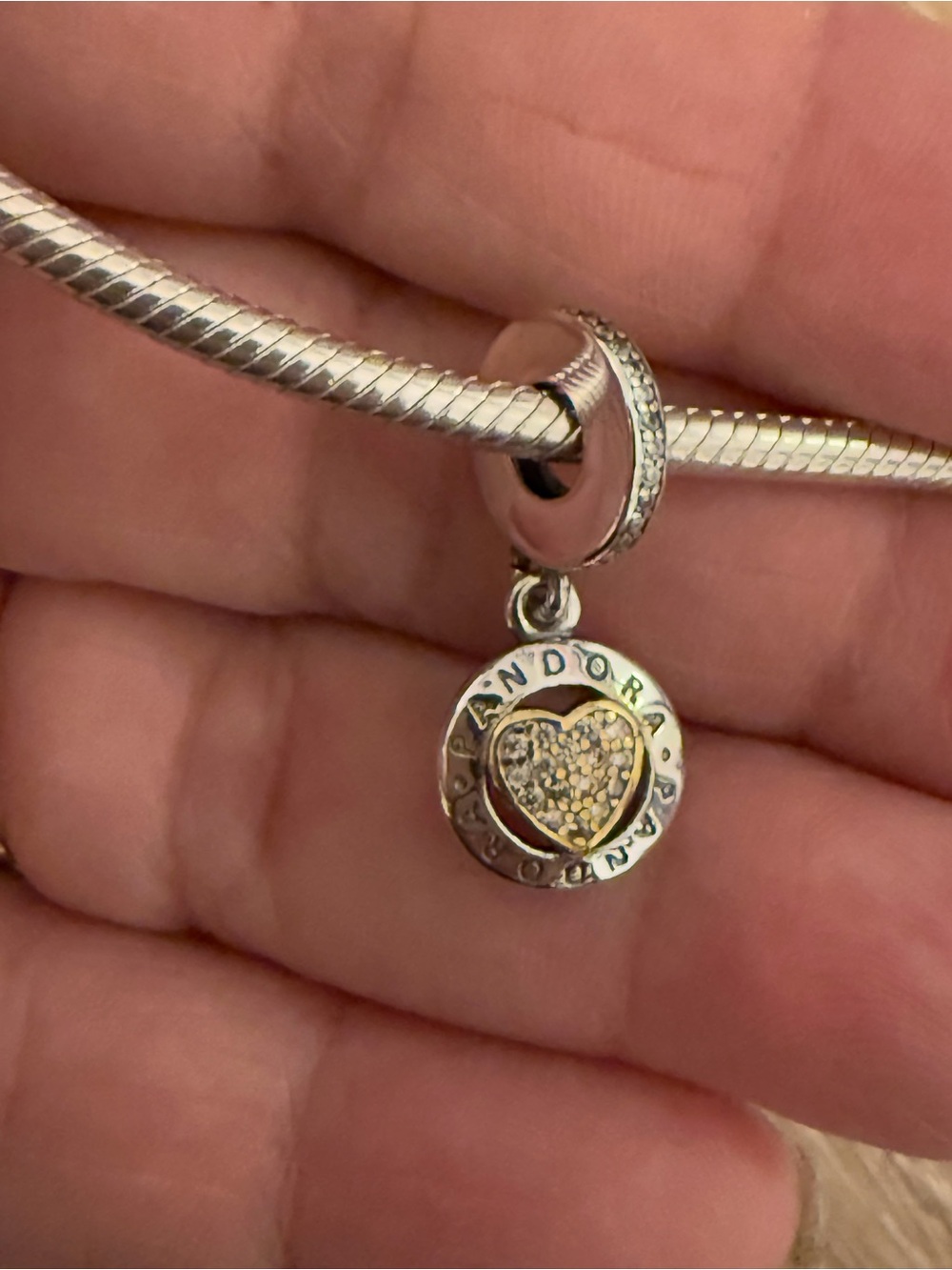Pandora Two-Tone Heart Dangle Charm in Silver and Gold
